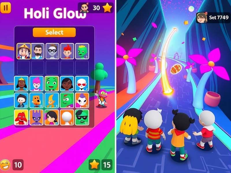 Holi Glow Dash character selection screen showing diverse avatars